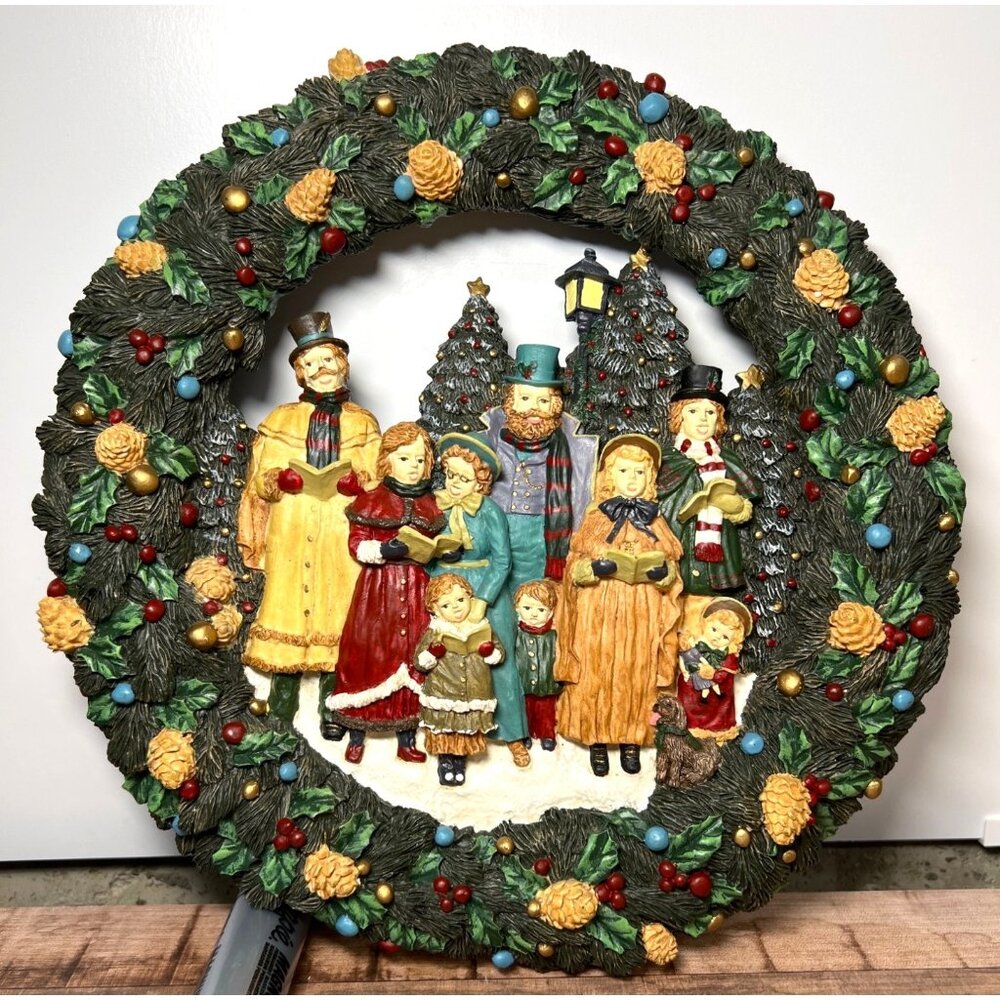 Christmas Carolers Wreath Wall Decor With Pinecones & Berries
